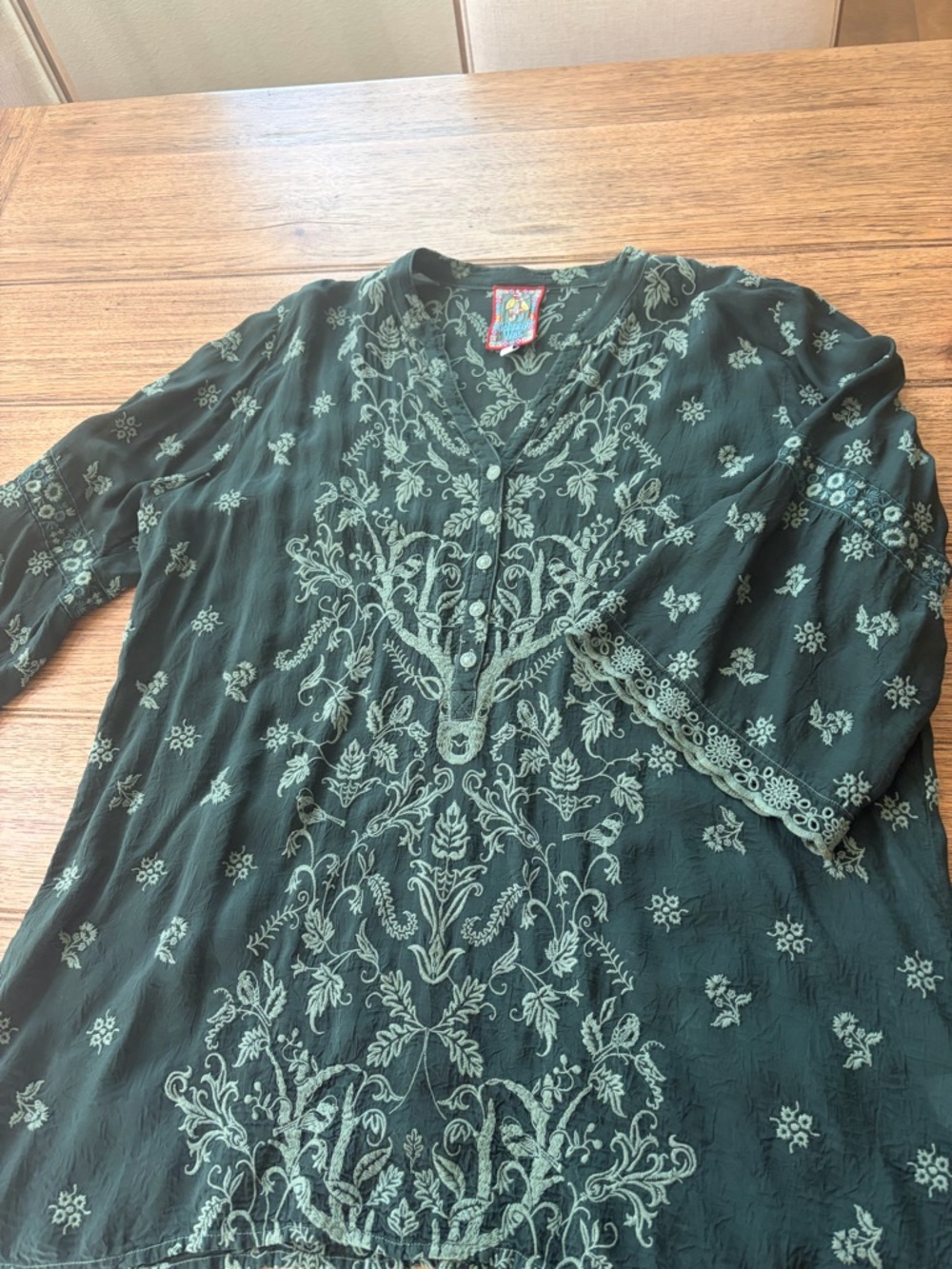 Johnny Was Dark Green Embroidered V-Neck Blouse